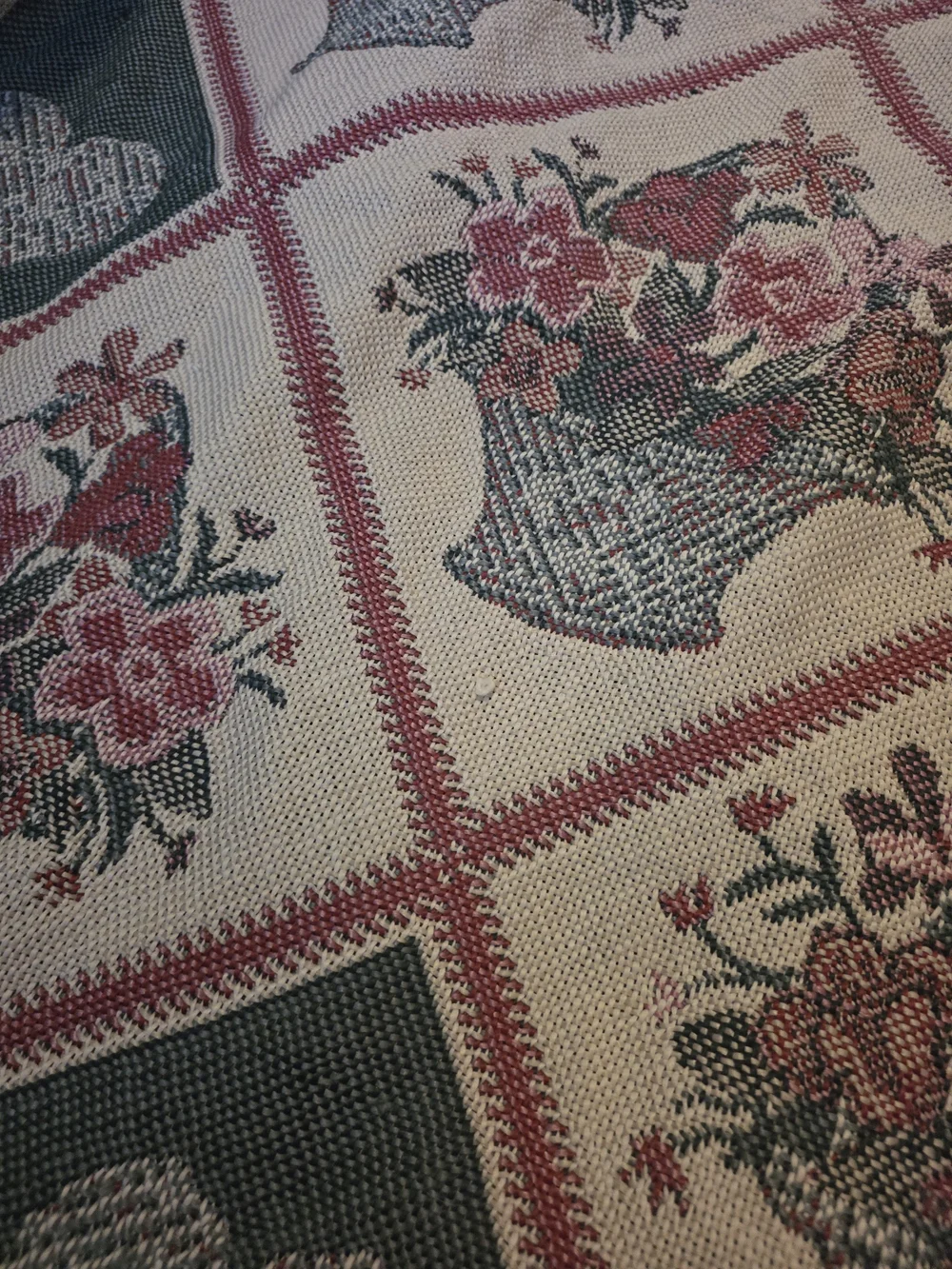 Vintage American Weavers Woven Floral Basket Heart Fringed Throw Blanket